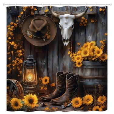 Imagem de VPUPCN Cortina de chuveiro caubói ocidental para casa de fazenda, porta de celeiro, botas de caubói rústicas, cortinas de poliéster do sudoeste, decoração de banheiro com ganchos 177,8 cm L x 180 cm A