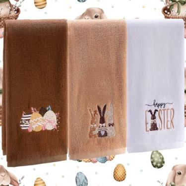 Imagem de ZhowHoHo 3 peças de toalhas de mão de banho de Páscoa 35 x 74 cm bordado coelhinhos da Páscoa ovo toalha de mão decorativa 100% algodão Páscoa marrom branco coelho rústico toalhas de banheiro