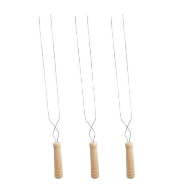 Imagem de 3un Espeto duplo inox cabo madeira churrasco 65cm aço - Araminas