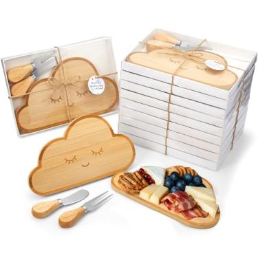 Imagem de Ziliny Mini tábua de corte de queijo em forma de nuvem com facas, garfos, etiquetas de agradecimento com caixa de presente para presente de aniversário, festa de casamento, chá de bebê (conjunto com