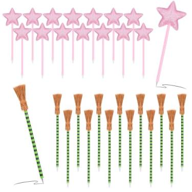 Imagem de PLUVAVA 30 peças de lembrancinhas de festa de princesa e bruxa, incluindo 15 canetas de vassoura de bruxa, 15 peças de canetas esferográficas rosa e verde para presentes de decoração de Halloween