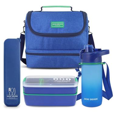 Imagem de Kit Bolsa Térmica Pote Marmita 750ml Garrafa 550ml E Porta Talheres Vibe Azul