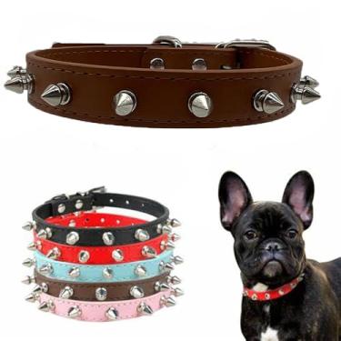 Imagem de Coleira de cachorro cravejada de couro sintético macio com rebite de espigão e pinos para gatos ajustáveis para meninas meninos de raças pequenas xícara de chá mini filhote de cachorro pequeno gatinho marrom P