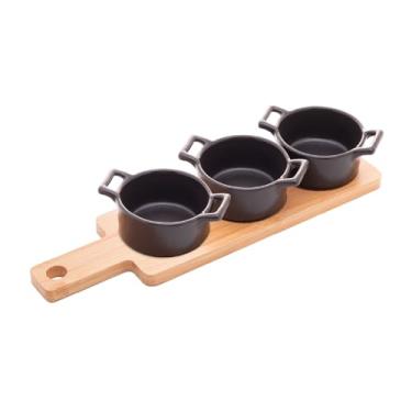 Imagem de WOLFF - Conjunto Bandeja de Bambu com 3 Petisqueiras Redondas de Porcelana Preta 28,5cm x 10cm x 5cm