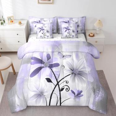 Imagem de Feelyou Conjunto de edredom para meninas, solteiro, com estampa de margarida, borboleta, floral, vintage, para meninos e mulheres, adolescentes, roxo, branco, cinza, simples, moderno, arte abstrata
