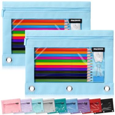 Imagem de SPACEMATE Pacote com 2 estojos para fichário, estojo para fichário com 3 anéis, material escolar, meninas, meninos, crianças, transparente, organizador de canetas estéticas, grande, artigos de