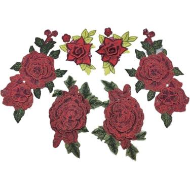 Imagem de YOOGCORETT 6 peças bordado 3D flores rosas tecido apliques flores enfeites de renda para bolsas faça você mesmo roupas acessório de costura, vermelho