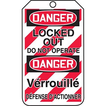 Imagem de Accuform Etiqueta de segurança multilíngue TMF210CTP PF-Cardstock, legenda "DANGER LOCKED OUT DO NOT OPERATE", 14,6 cm de comprimento x 8,3 cm de largura x 0 cm de espessura, vermelho/preto sobre