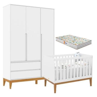 Imagem de Berço Americano Unique E Guarda Roupa 3 Portas Nature Clean Branco Soft Eco Wood Com Colchão Gazin – Matic