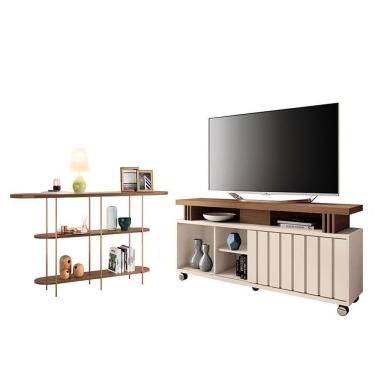 Imagem de Rack Bancada Rivera 1.3 Com Aparador Infinity Castanho Off White – Hb Móveis