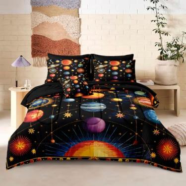 Imagem de Bedorm Jogo de cama King com estampa universo, galáxia, preto, celestial, sol, lua, estrelas, espaço sideral, laranja, azul, boêmio, em uma bolsa com edredom e conjunto de lençol