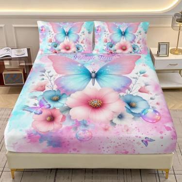 Imagem de AILONEN Jogo de lençol Queen com borboleta, aquarela azul e rosa, para crianças, adolescentes e adultos, 1 lençol com elástico + 2 fronhas, 3 peças