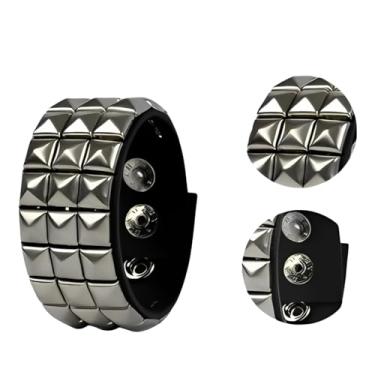Imagem de Pulseira Bracelete Spike Prata 3 Fileiras Pirâmides Couro Sintetico Punk Rock Emo Gotico