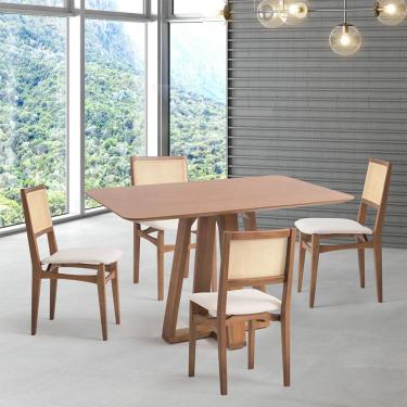 Imagem de Conjunto de Mesa Retangular com Tampo de Madeira Maciça Frame e 4 Cadeiras Serena Algodão Bege Claro e Natural