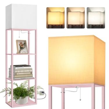 Imagem de Dott Arts Luminária de chão com prateleiras, lâmpadas de chão largas para sala de estar, lâmpadas de prateleira com lâmpada LED de 3 cores, luminária de chão moderna de madeira de armazenamento para