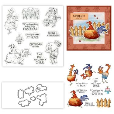 Imagem de Cute Cartoon Funny Rooster Chicken Clear Stamps and Metal Cutting Dies Set with Plastic Envelope Box for Card Making DIY Albums Crafts Scrapbooking Supplies Silicone Stamps Knife Mold