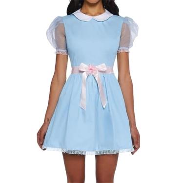 Imagem de NUFIWI Vestido feminino azul solteiro fantasia de Halloween brilhante assustador gêmeos manga bufante vestido curto vestido de empregada Lolita vestido com cinto (cinto rosa, P)