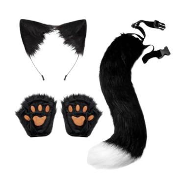 Imagem de simhoa Conjunto de orelhas e rabo de gato e, faixa de cabeça para baile de máscaras fantasias, Preto Branco