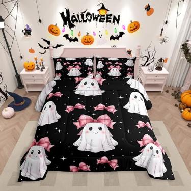 Imagem de Erosebridal Jogo de cama casal fantasma rosa com laço, lindo conjunto de edredom assustador de Halloween para meninas e crianças, conjunto de cama com laço preto e rosa, gravata borboleta feminina