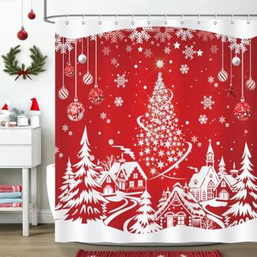 Imagem de COZZSNUGE Cortina de chuveiro vermelha de Natal, árvore de Natal, brilhante, floco de neve, inverno, chalé, para banheiro, tecido de poliéster impermeável com 12 ganchos, 182 x 182 cm