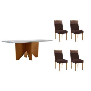 Imagem de Conjunto Sala de Jantar Nevada c/ Tampo Madeirado c/ Vidro Canto Curvo 120x80cm e 4 Cadeiras Jaspe Madeira Maciça Naturale/Off White - Capuccino/Suede