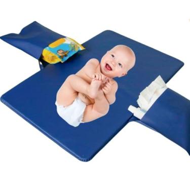Imagem de Trocador Portátil De Fraldas Com Bolsos Impermeável Dobrável, Para levar na Bolsa, 50,5cm x 32,5 cm, Com Bolsos Laterais, Azul Marinho