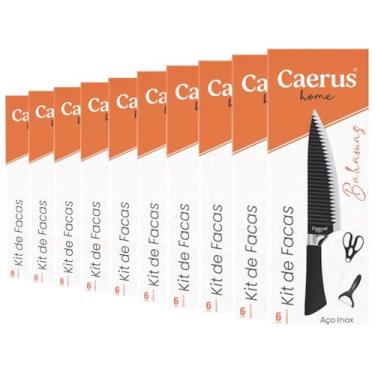 Imagem de 10 Jogos De Facas Caerus Home 6 Pçs Cada Aço Inox Ergonômico + Tesoura + Descascador Revenda Lojista