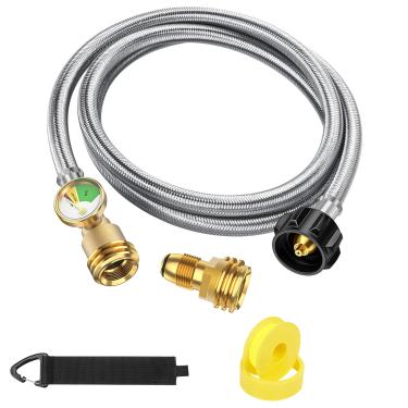 Imagem de Mangueira de extensão de tanque de propano de 1,8 m com medidor, inclui adaptador de tanque converte POL tanque de propano de 45 kg para QCC1 para churrasqueira a gás, aquecedor e aparelhos a propano