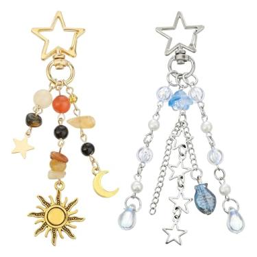 Imagem de ElevateTech Pingentes de sol, lua, estrela, chaveiros, 2 peças, estético, Y2k, boêmio, chaveiros de água-viva, chaveiros hippie, pingentes de bolsa de cristal, berloques para bolsas de mão, acessórios