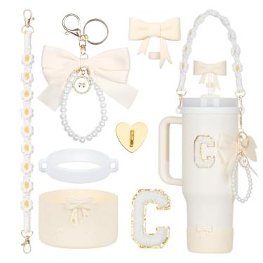 Imagem de Rabrgab Conjunto de acessórios para copo Stanley branco com 7 peças – topo de palha com laço, pingente de laço fofo, bota de silicone com design de laço, alça de alça de garrafa de água e adesivo de