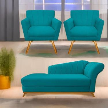 Imagem de Kit Diva Recamier Vanessa 140Cm Lado Esquerdo E 02 Poltronas Laura Suede Cor Azulturquesa