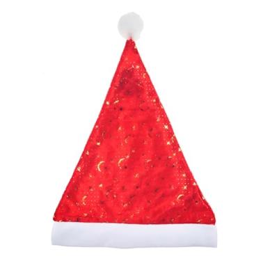 Imagem de Gorro de Natal, Vermelho com Estrelas e Luas Douradas, Poliéster, 35x28cm, Decorativo com Pompom Branco