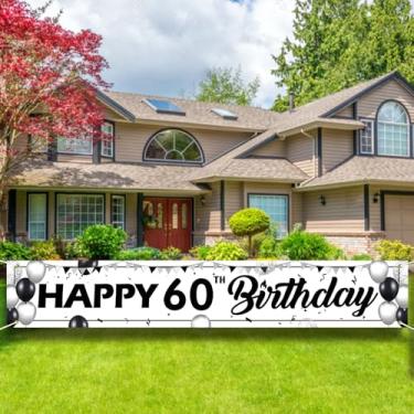 Imagem de Placa de faixa branca e preta para feliz aniversário de 60 anos - Grande decoração de festa de quintal ao ar livre, pano de fundo branco e preto para homens e mulheres.