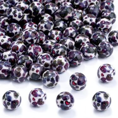 Imagem de 100 peças de contas de resina de 10 mm a granel para kit de fabricação de pulseiras, contas soltas redondas impressas em coração para joias, brincos, colar, anéis, arte, artesanato, projetos DIY