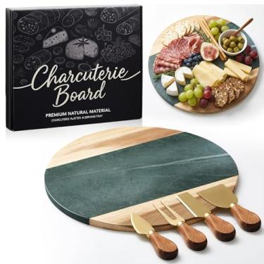Imagem de Ziliny Conjunto de tábua de charcutaria de madeira de mármore e acácia, conjunto de presente de prato de madeira e mármore, tábua de corte para queijo, frutas, presente para casamentos, inaugurações