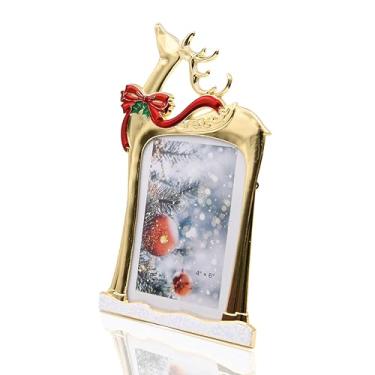 Imagem de Porta-retrato de rena de Natal, 10 x 15 cm – Moldura de metal dourado com laço vermelho e design festivo, decoração de Natal de mesa e presente para família, amigos, decoração de casa (dourada)