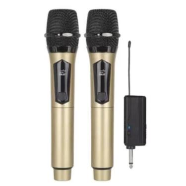 Imagem de Kit 2 Microfones Dinâmico Sem Fio Profissional Recarregável Uhf para Karaokê (DOURADO)