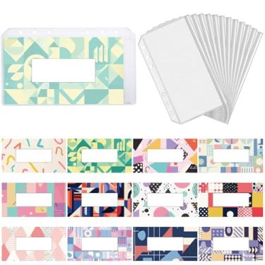 Imagem de CRASPIRE 12 peças de envelopes de orçamento de dinheiro geométricos temáticos insertos de fichário com 6 furos transparentes à prova d'água PVC sacos de arquivamento de folhas soltas bolso com zíper