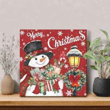 Imagem de Arte de parede em tela de Natal, boneco de neve, guirlanda de bagas de azevinho, pintura em tela, luzes de floco de neve, vermelho, decoração de parede sazonal para sala de estar, quarto, banheiro