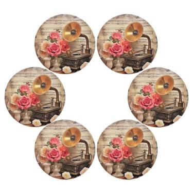 Imagem de Wassud Jogo americano conjunto de 6 tapetes redondos vintage de gramofone e rosas para cozinha e jantar tapetes laváveis resistentes ao calor para decoração de mesa 39 cm