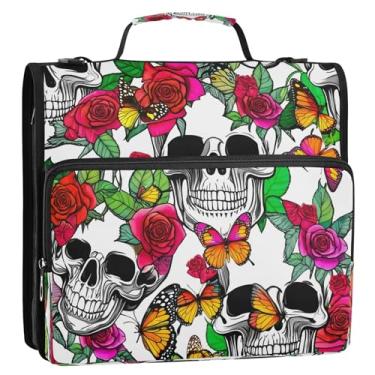 Imagem de CEBUGI Fichário de 3 anéis com zíper com alça de ombro, pasta de arquivo expansível de 3,8 cm, anéis D, para escola, escritório, caveiras, rosas