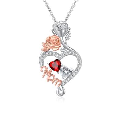Imagem de WYDDO Colar com coração e amor, pedra do mês de nascimento duplo, joia de flor de rosa, aniversário dos namorados, presente de Natal para avó, esposa, mãe, Base, Zircônia cúbica