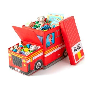 Imagem de Organizador de Brinquedos Carro de Bombeiro Dobrável, Vermelho, 2 Compartimentos, 30x26x55 cm, Poliéster e MDF