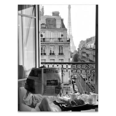 Imagem de YYS Arte de parede em tela preta e branca vintage - Moda menina lendo pôsteres de jornal - com impressão de paisagem urbana da Torre Eiffel Arte feminista - 30,5 x 40,6 cm sem moldura para decoração