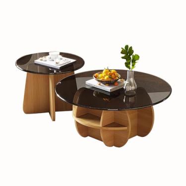 Imagem de Conjunto de 2 mesas de centro redondas de madeira, mesa de centro de vidro, mesa lateral de sofá com armazenamento, para sala de estar, quarto, escritório e varanda (70 + 50 cm, cor madeira)