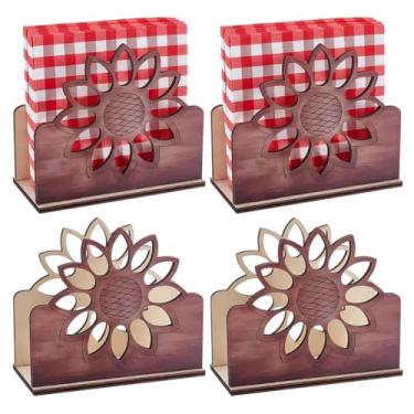 Imagem de GOMAKERER 4 conjuntos de porta-guardanapos de girassol, 14 x 6 x 12 cm de madeira para guardanapo de coquetel de madeira decoração de mesa de casa de fazenda guardanapos de bancada de cozinha rústica