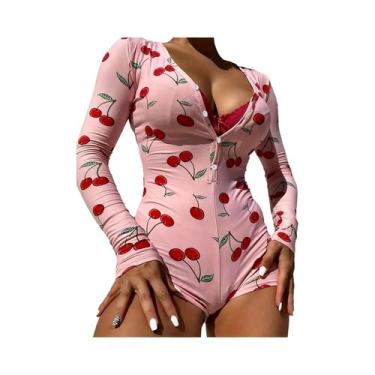 Imagem de Body Feminino Sexy Com Estampa De Cereja, Decote Em V, Manga Longa, Aj