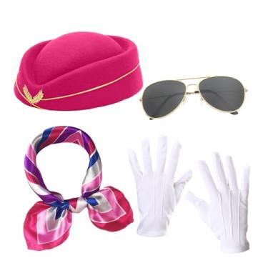 Imagem de hhdatc Conjunto de fantasia feminina de comissária de bordo de 4 peças, acessórios de aeromoça com chapéu, cachecol, óculos de sol e luvas para Halloween, cosplay e festas temáticas (rosa)