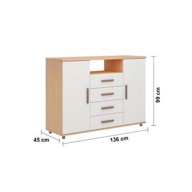 Imagem de Cômoda Genialflex Berlim com 2 Portas, 4 Gavetas, 2 Prateleiras, 1 Nicho e 136cm de largura - Freijó/White Laca