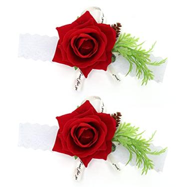 Imagem de Ainoli 2 peças de flores de pulso de seda para dama de honra, corsage de noiva, cerimônia de casamento, fornecimento de decoração (Vermelha)